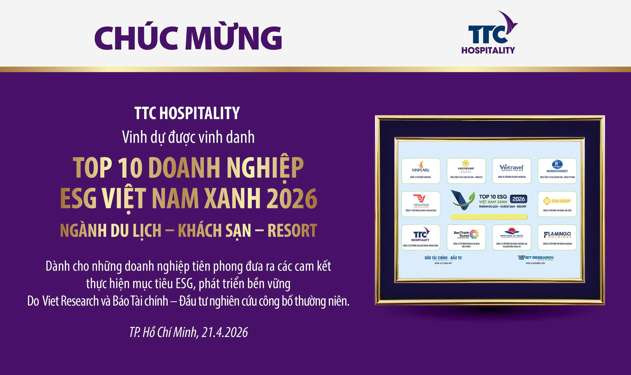 TTC Hospitality vinh dự được xướng tên trong Top 10 Doanh nghiệp ESG Việt Nam Xanh 2026